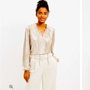 LOFT - Shimmer Crinkle Ruffle Tie Neck Gold and Silver NWT